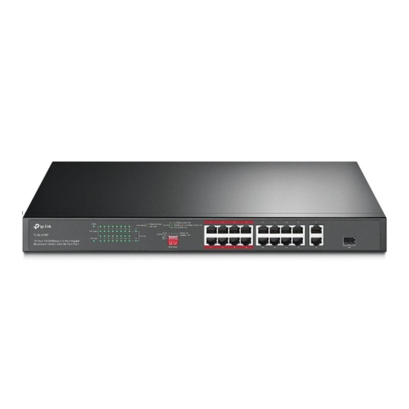 TP LINK - Switch TPLINK para montaje en rack de 16 puertos PoE+ 10/100 Mbps + 2 puertos Gigabit