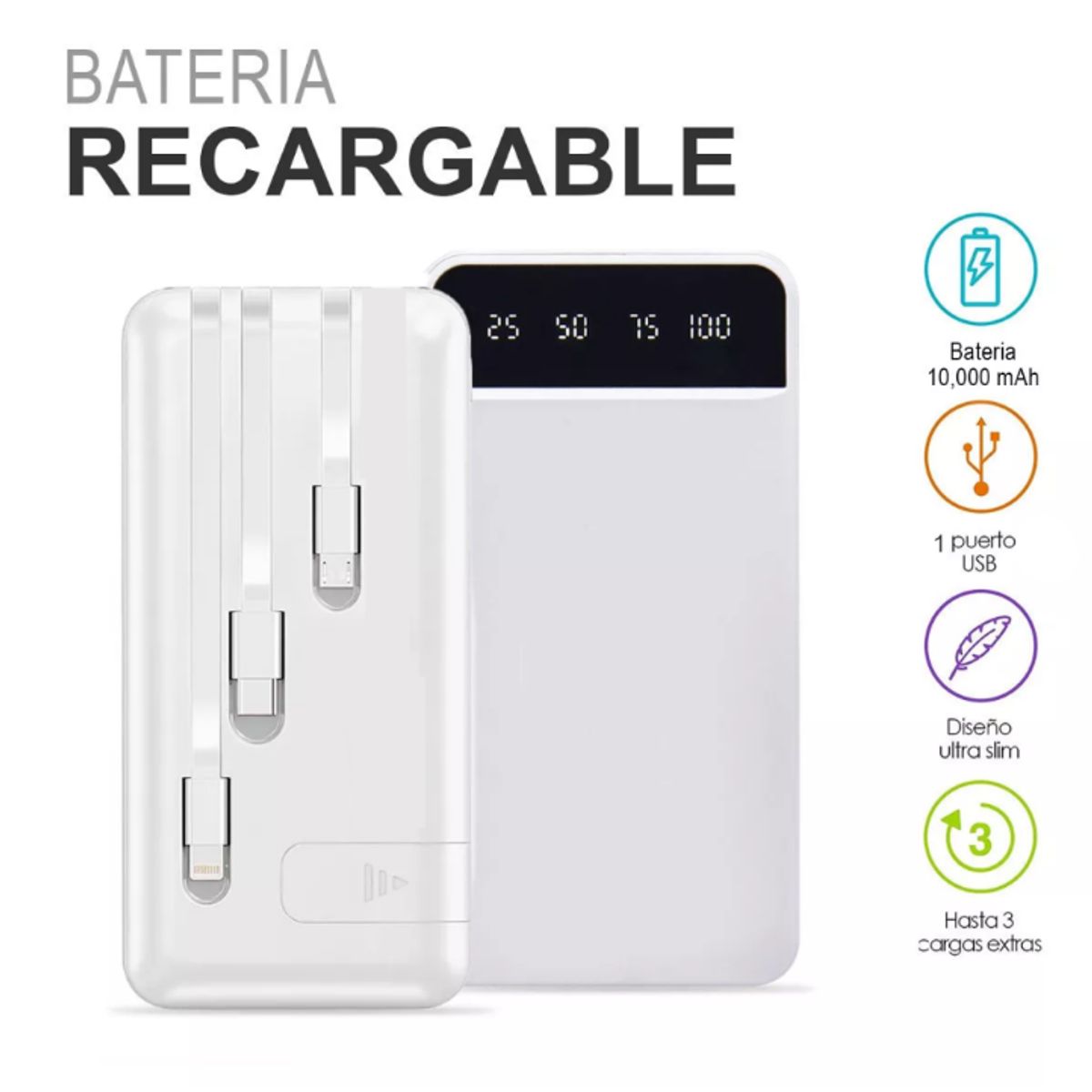 GENERICO - POWER BANK 3 EN 1 CON DE 10.000 mAh