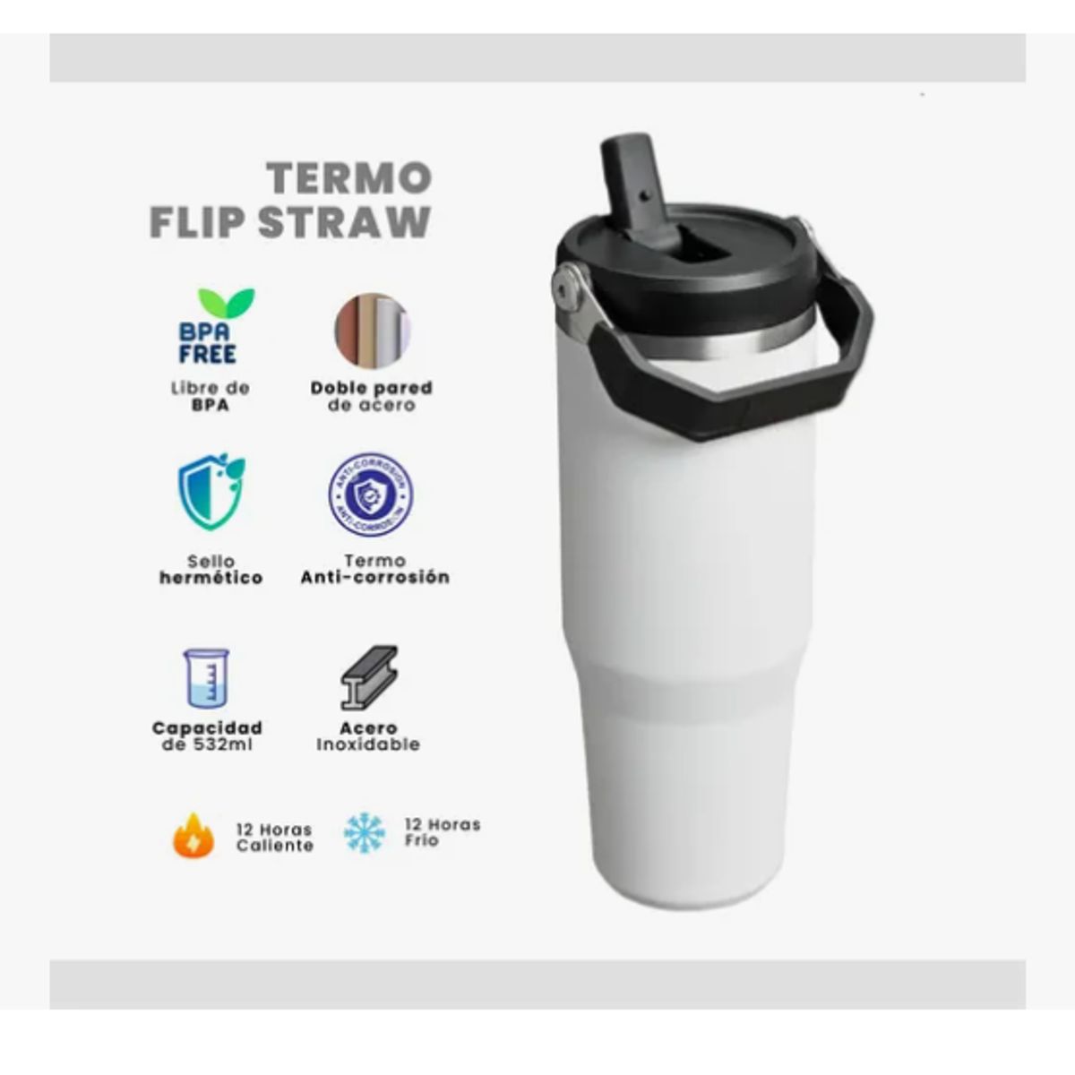 INNOVA - Termo Acero Inoxidable 900ml Flip Straw Antiderrames Blanco