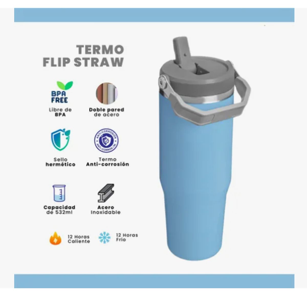 INNOVA - Termo Acero Inoxidable 900ml Flip Straw Antiderrames Azul
