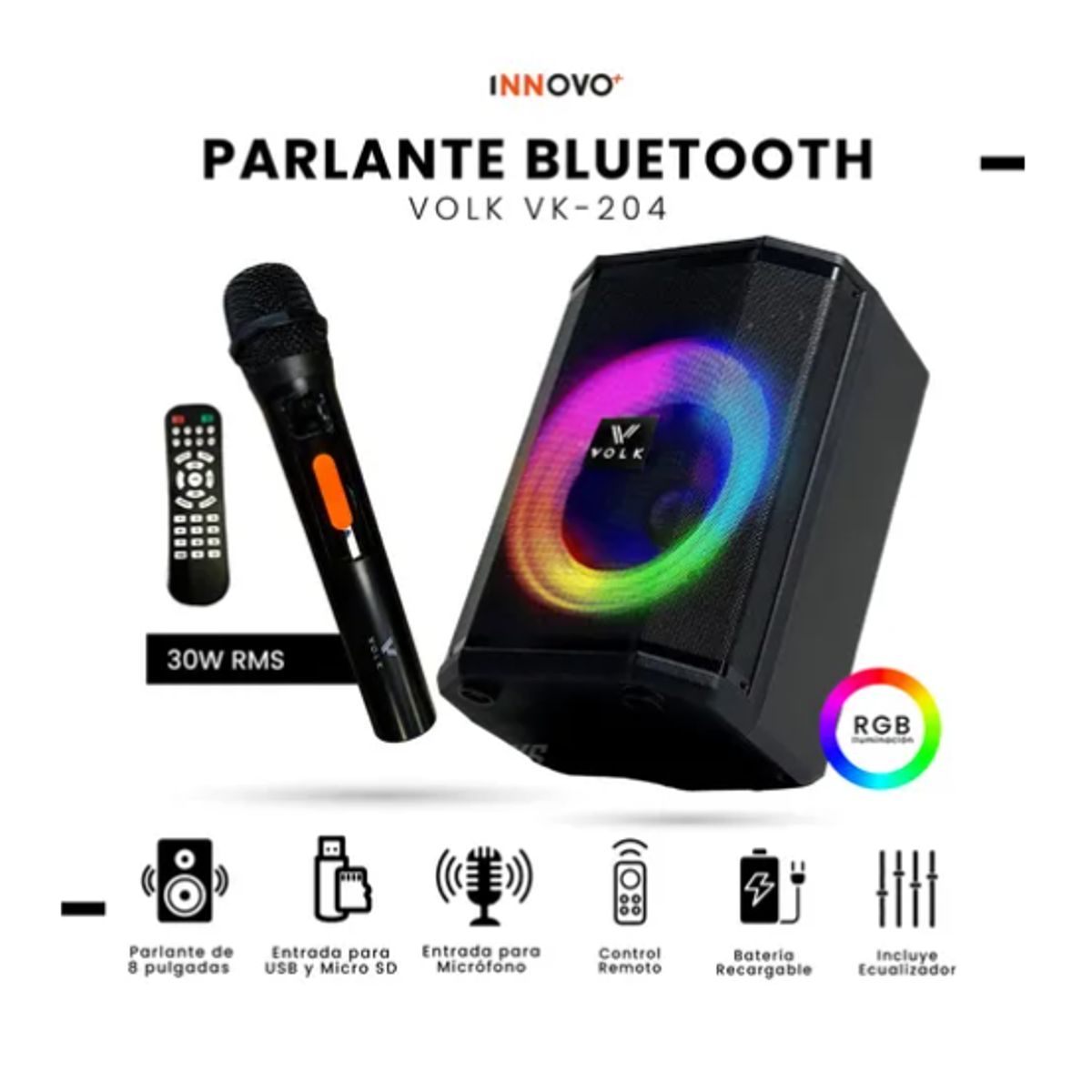 INNOVA - Parlante Bluetooth RGB Con Micrófono Recargable Control Remoto 8000w