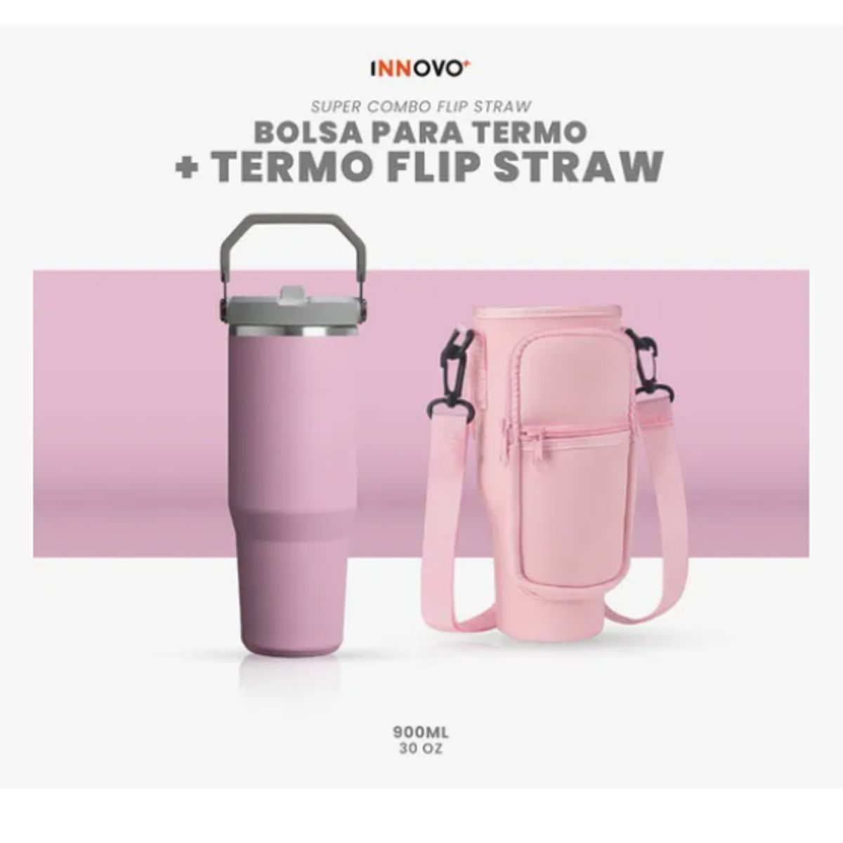 INNOVA - Termo 900 Ml Flip Con Funda De Neopreno Rosa Con Correa Y Bolsillos