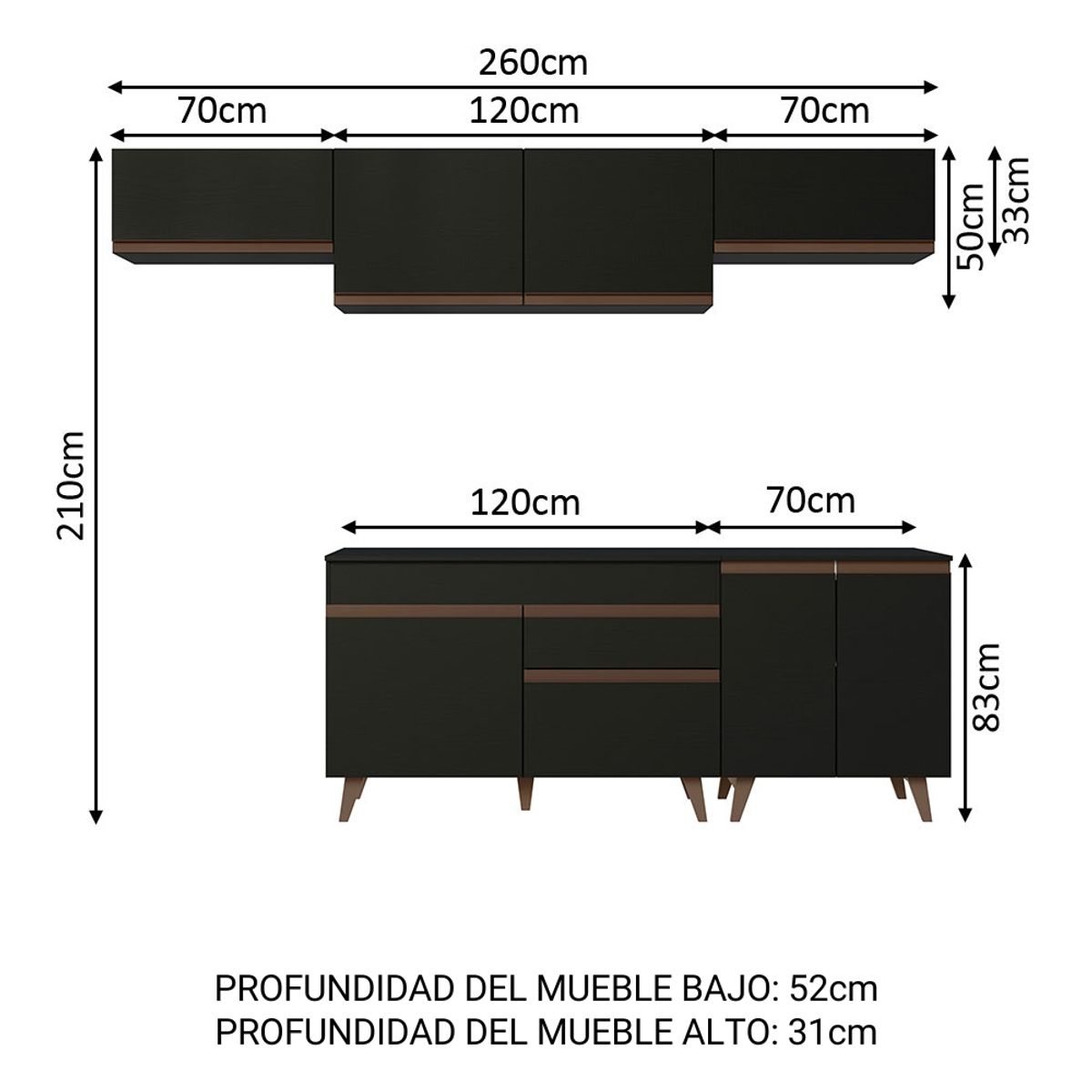 MADESA - Cocina Integral Reims 2.60 m con Encimera Negro 10