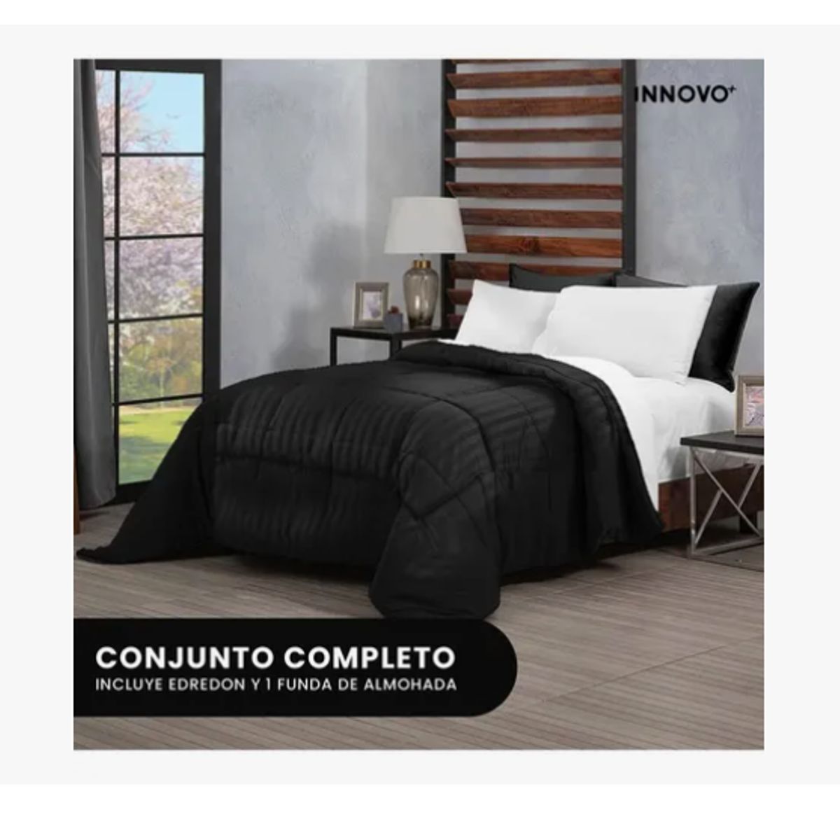 INNOVA - Edredón Microfibra Para Cama Sencilla 2 Fundas Tela Suave Innovo Negro