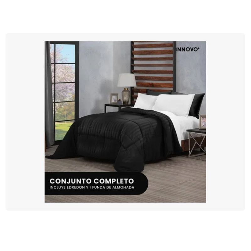 INNOVA - Edredón Microfibra Para Cama Sencilla 2 Fundas Tela Suave Innovo Negro