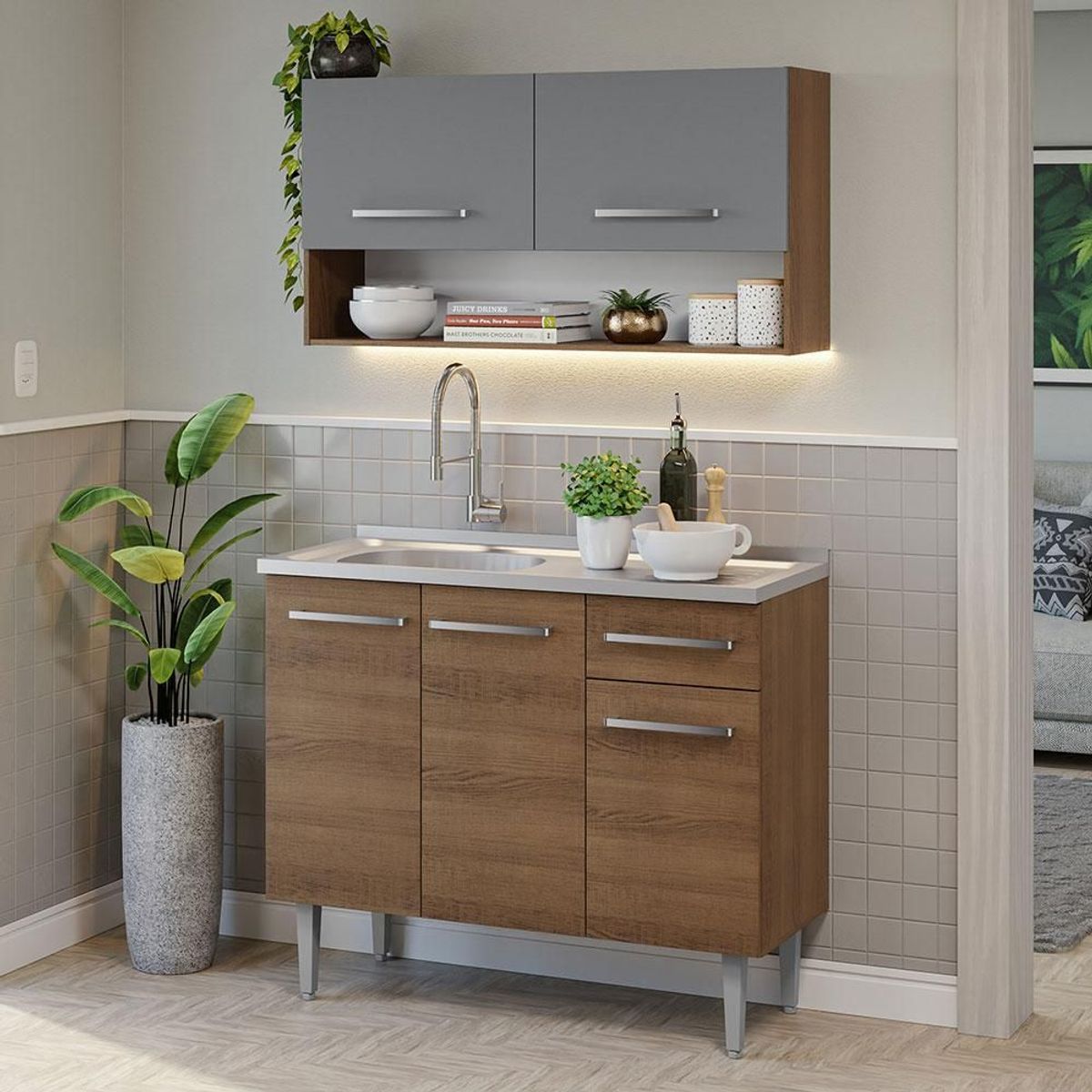 MADESA - Cocina Integral Compacta Emilly 1.05 m con Mesón de Acero Marrón/Gris 04