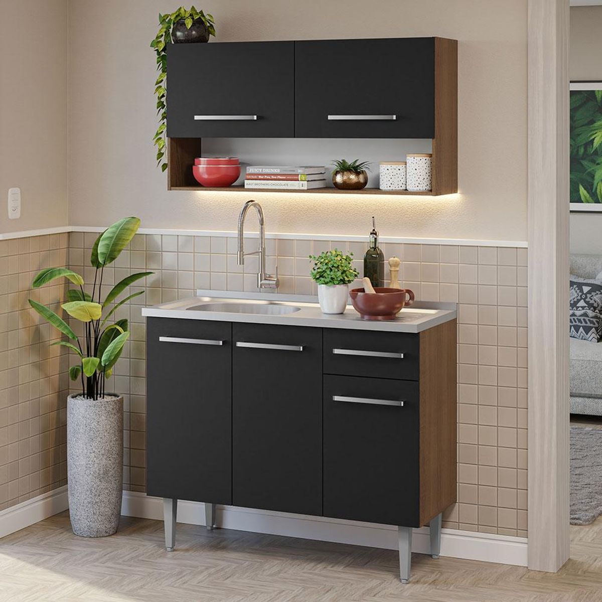 MADESA - Cocina Integral Compacta Emilly 1.05 m con Mesón de Acero Marrón/Negro 04