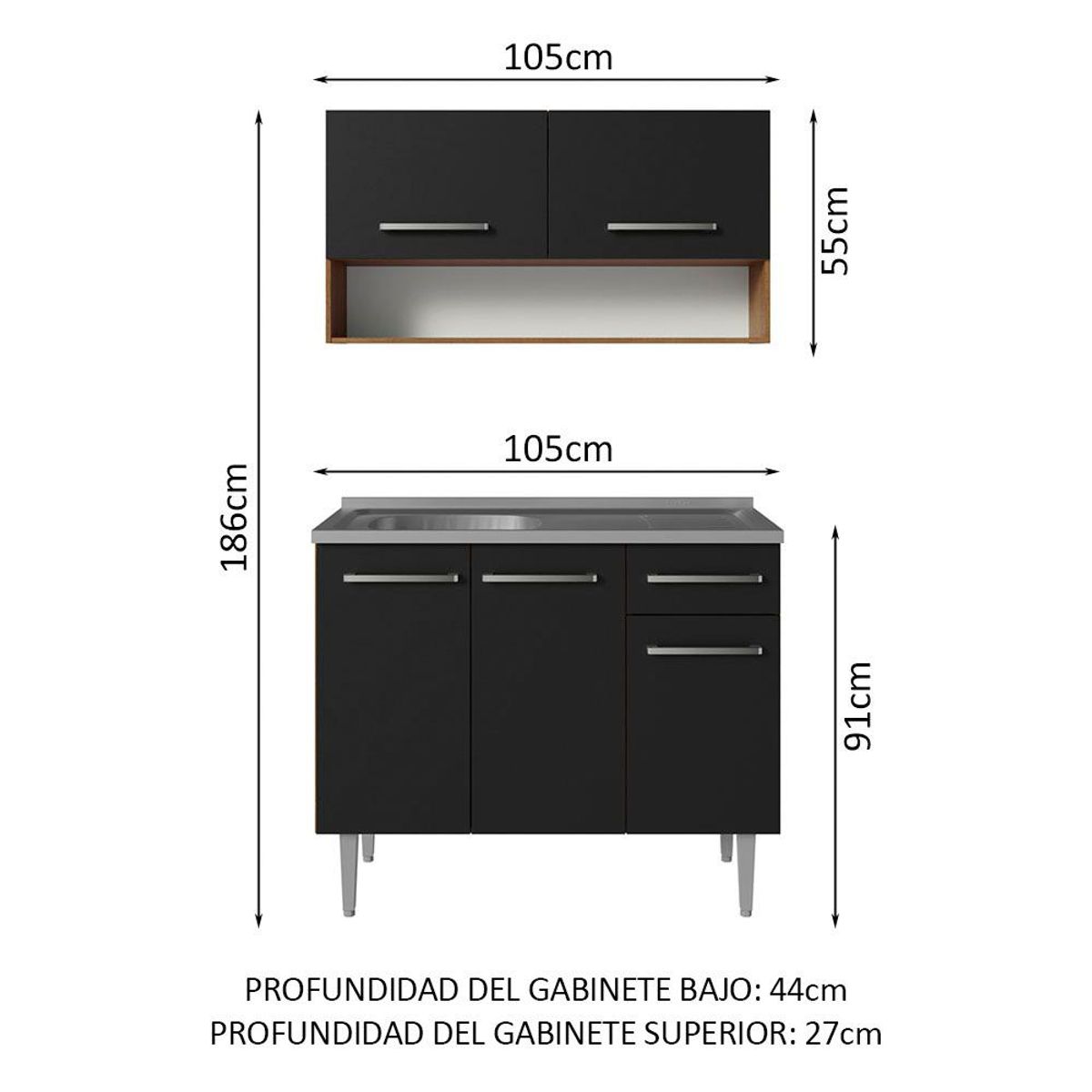 MADESA - Cocina Integral Compacta Emilly 1.05 m con Mesón de Acero Marrón/Negro 04
