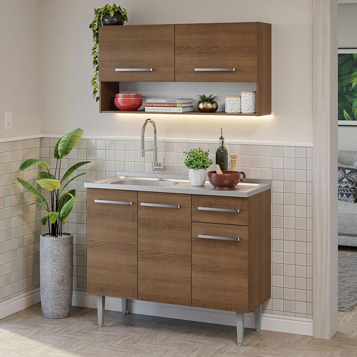 MADESA - Cocina Integral Compacta Emilly 1.05 m con Mesón de Acero Marrón 04