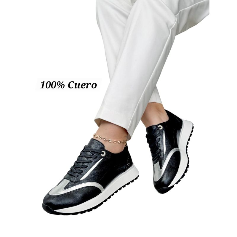 EVEGONZ - Tenis Negro en Cuero Zapato Confortable de Mujer