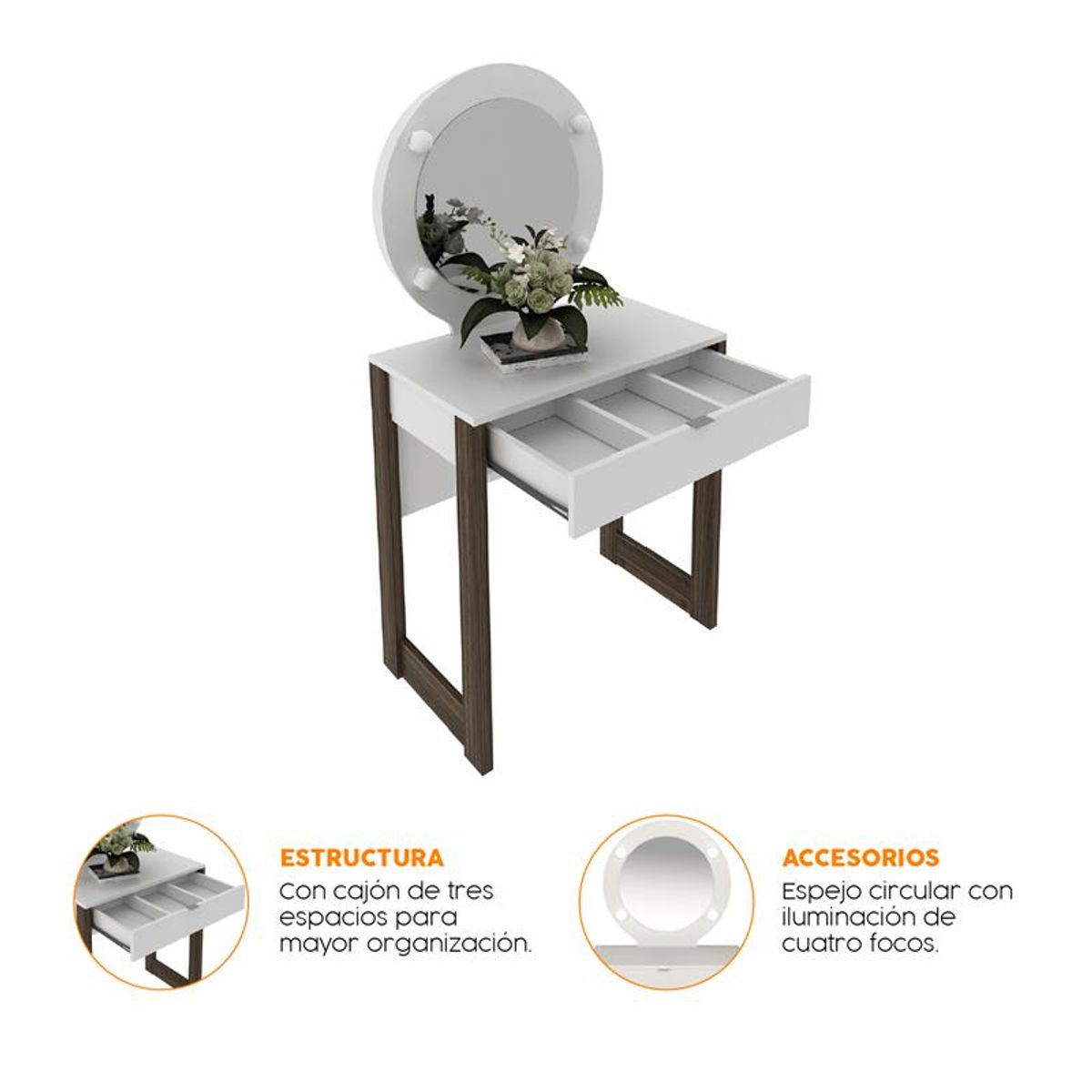 BONNO - Tocador Charlotte Maquillaje con Luces y Espejo Blanco Nogal BONNO