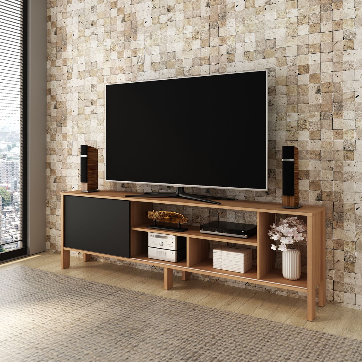 BONNO - Mesa Rack TV Stark 70″ Almendra Negro BONNO