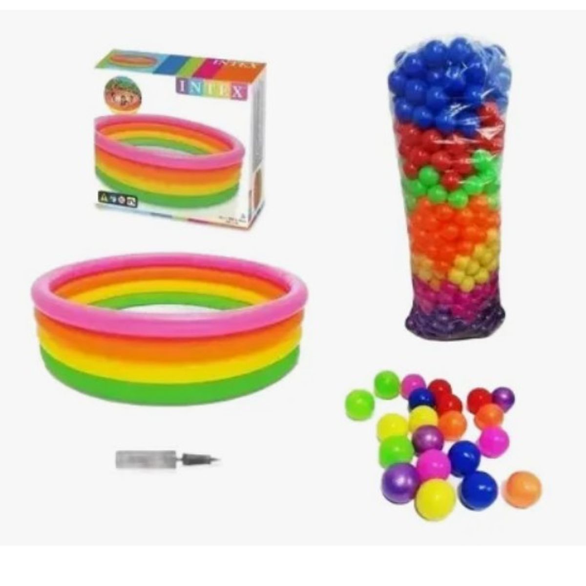 INTEX - Combo Piscina 168cm + 300 Pelotas neon + Deslizador azul