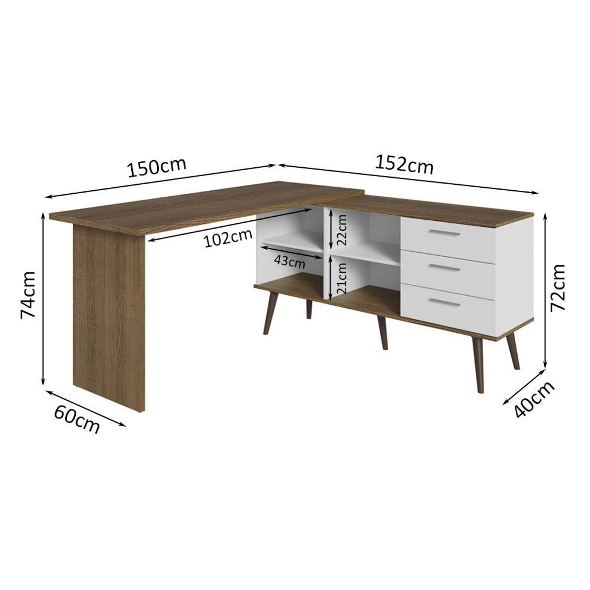 MADESA - Escritorio Mesa de Oficina de Esquina Lisboa con 3 Cajones Patas y Nichos Blanco/Marrón