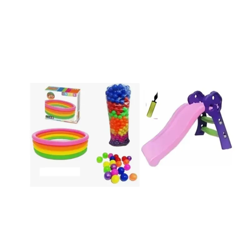 INTEX - Combo Piscina 168cm + 500 Pelotas neón + Deslizador Rosa