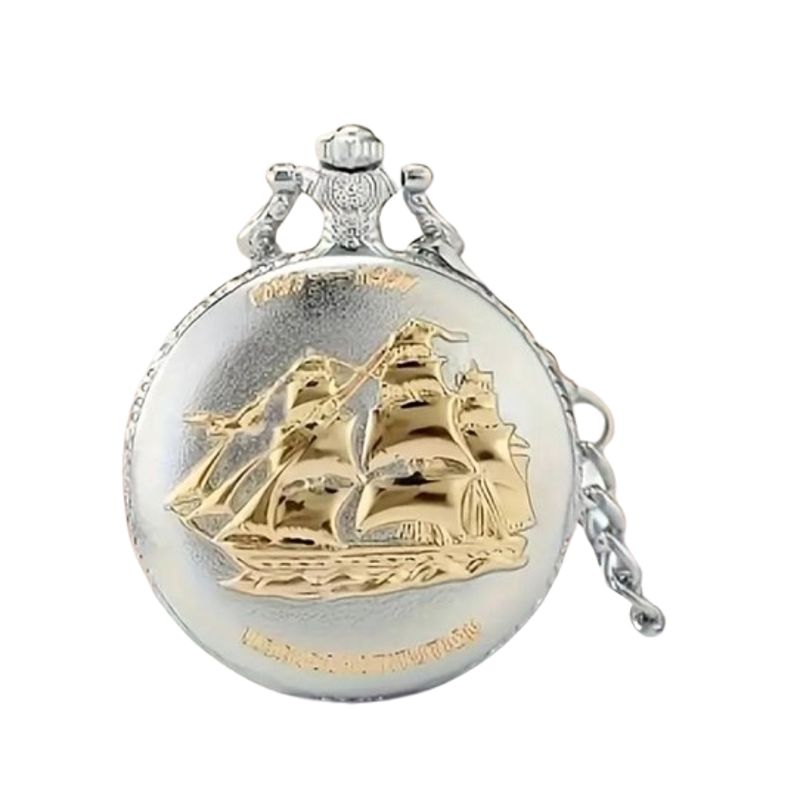 USA - RELOJ DE BOLSILLO TIPO ANTIGUO USA BARCO PIRATA PILA BAÑO ORO
