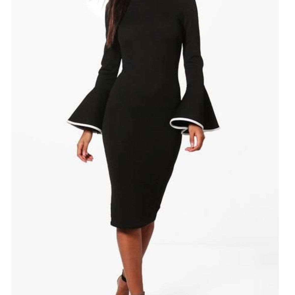 NEGRELI - Vestido Midi Negro Elegante con Mangas Acampanadas y Detalle Blanco