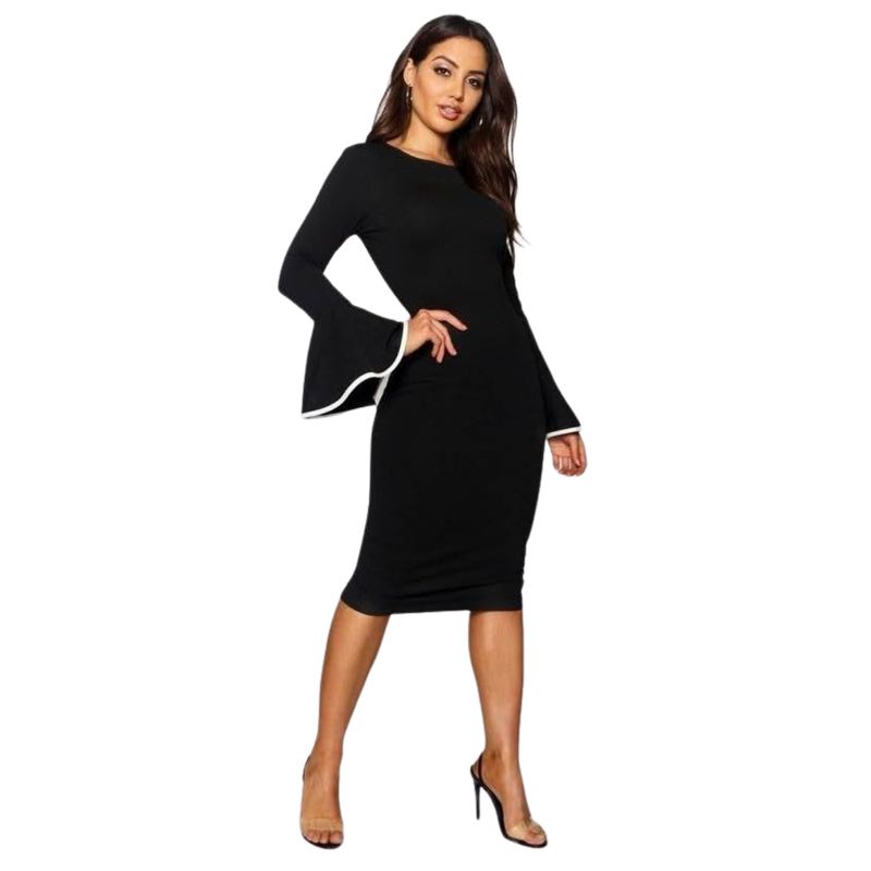 NEGRELI - Vestido Midi Negro Elegante con Mangas Acampanadas y Detalle Blanco