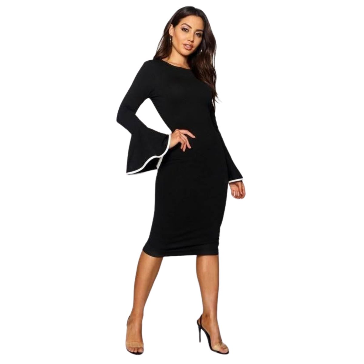 NEGRELI - Vestido Midi Negro Elegante con Mangas Acampanadas y Detalle Blanco