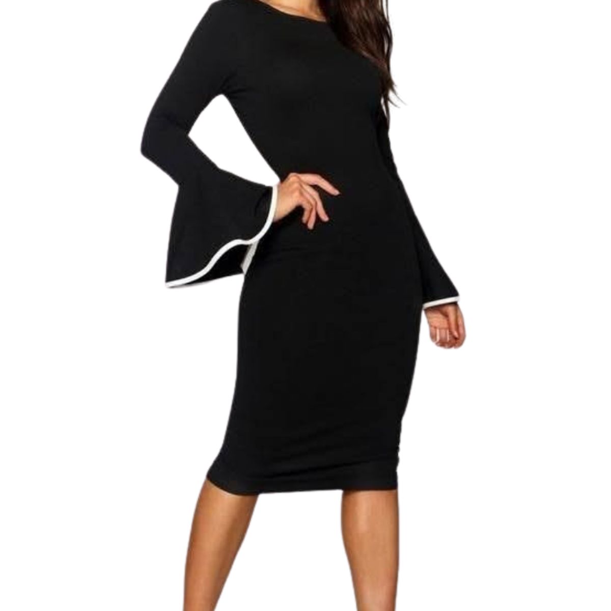NEGRELI - Vestido Midi Negro Elegante con Mangas Acampanadas y Detalle Blanco
