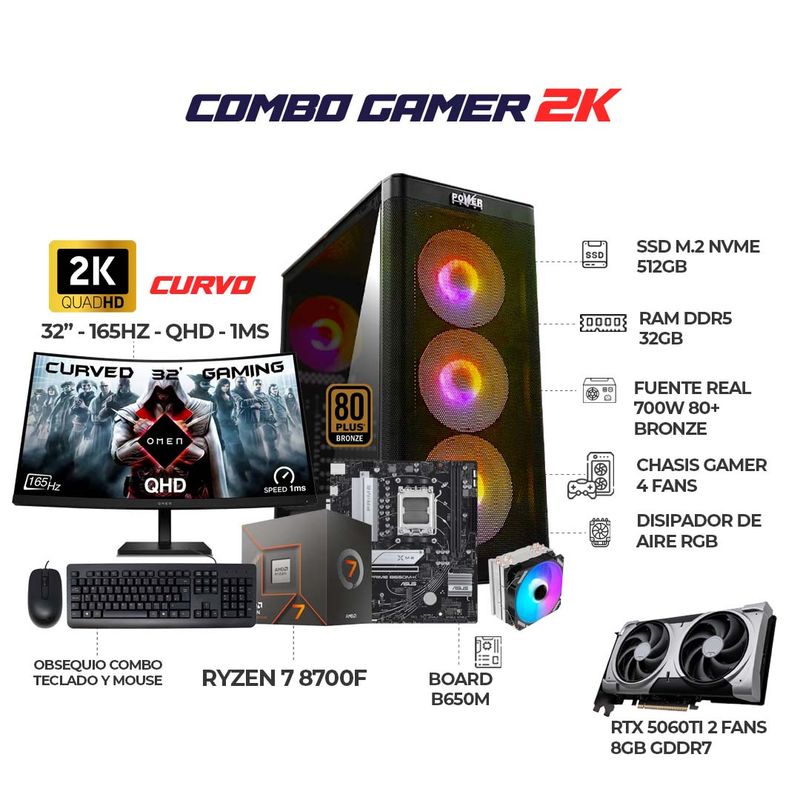 AMD - PC GAMER RYZEN 7 8700F+ RTX 5060TI+ MONITOR 32" 2K QHD+ RAM 32GB+ SSD 512GB