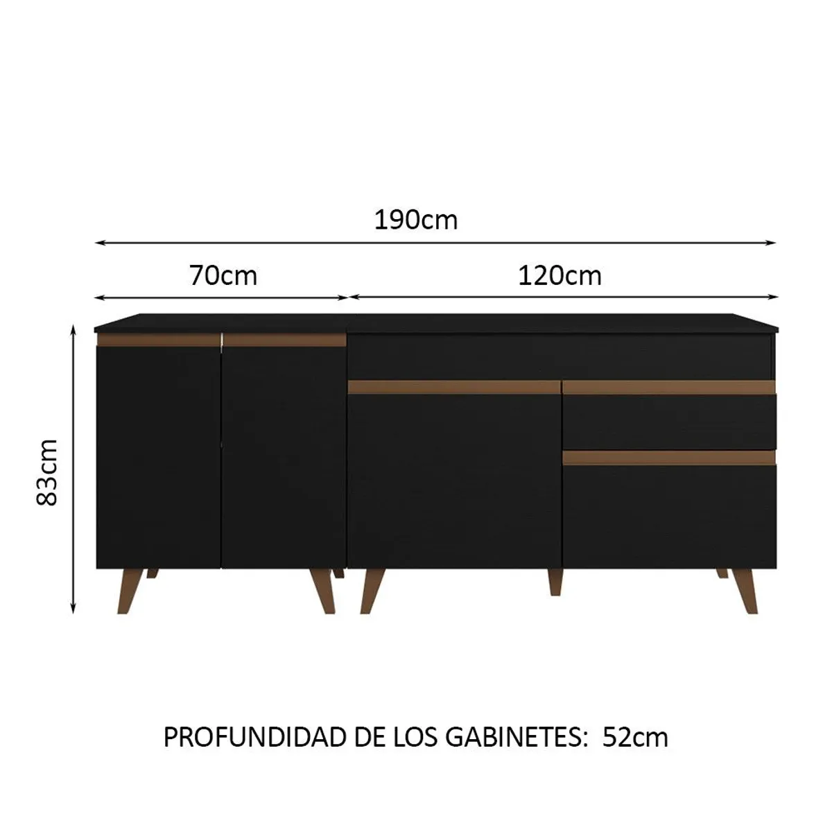 MADESA - Kit 2 Muebles de Cocina Bajos Reims 1.90 m con Encimera - Negro