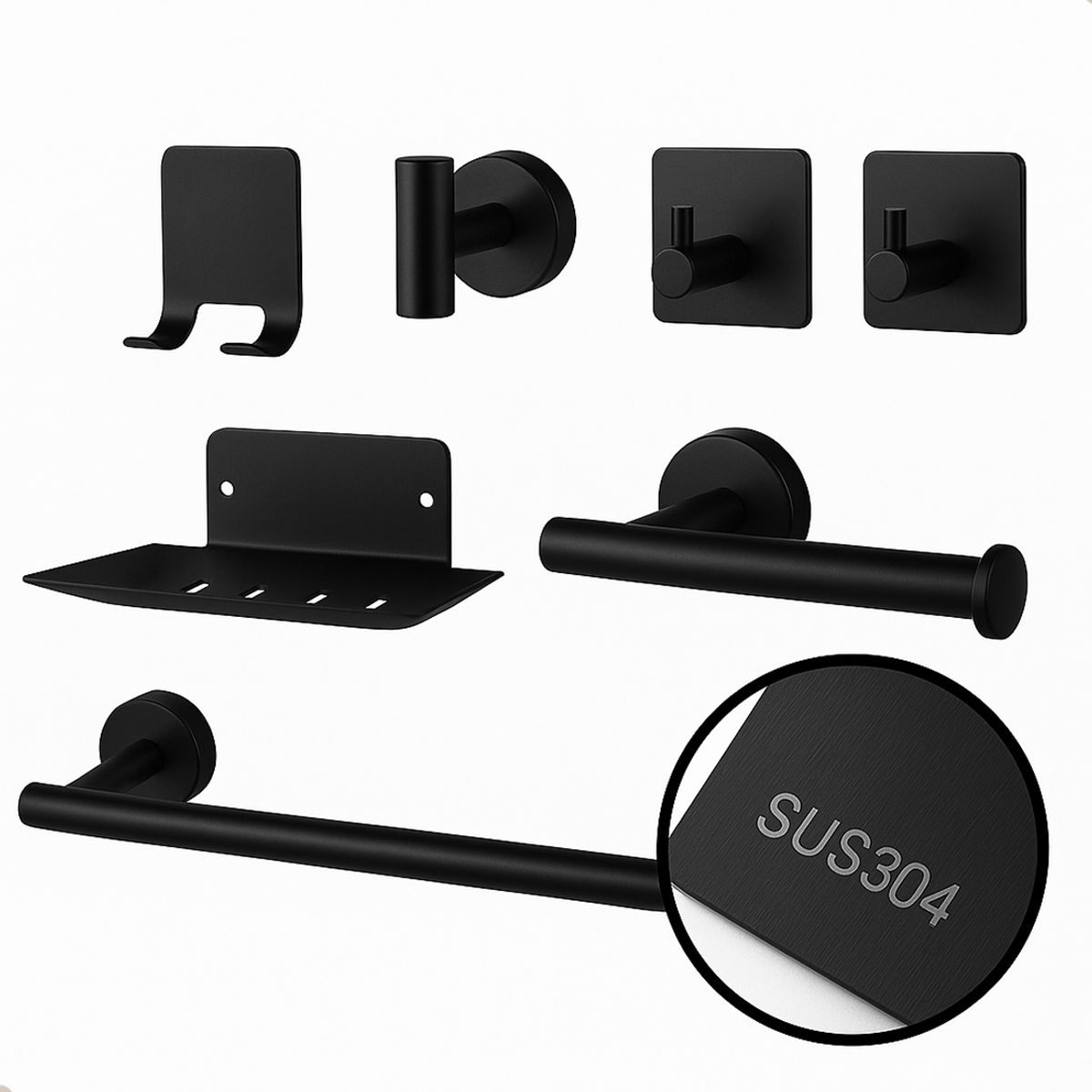 OEM - Juego Accesorios Baño Negro Acero Inoxidable Set Baño X 7pzs