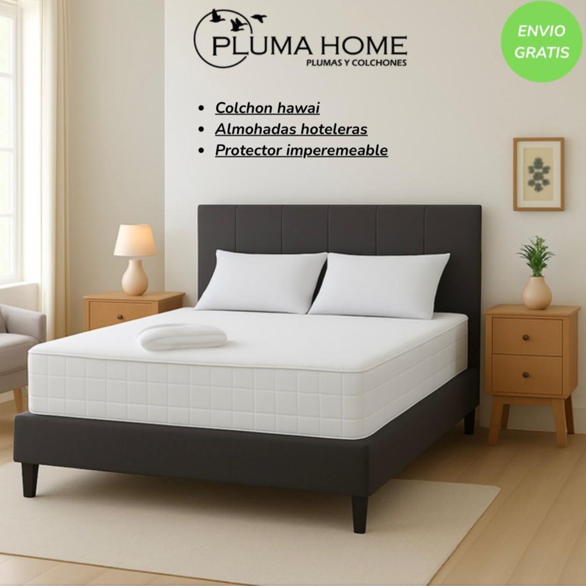 PLUMA HOME - Colchón ortopédico resortado doble firmeza 140×190  2 almohadas y protector.