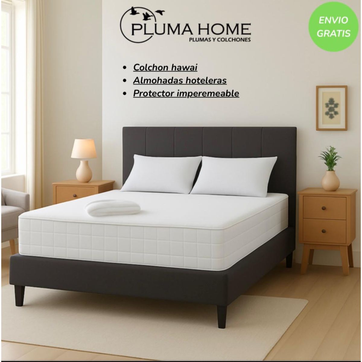 PLUMA HOME - Colchón ortopédico resortado doble firmeza 140×190  2 almohadas y protector.