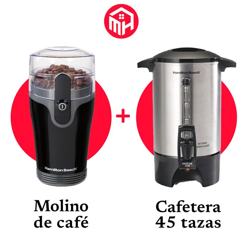 HAMILTON BEACH - Cafetera y tetera para bebidas calientes de 45 tazas.+ Molino de Cafe