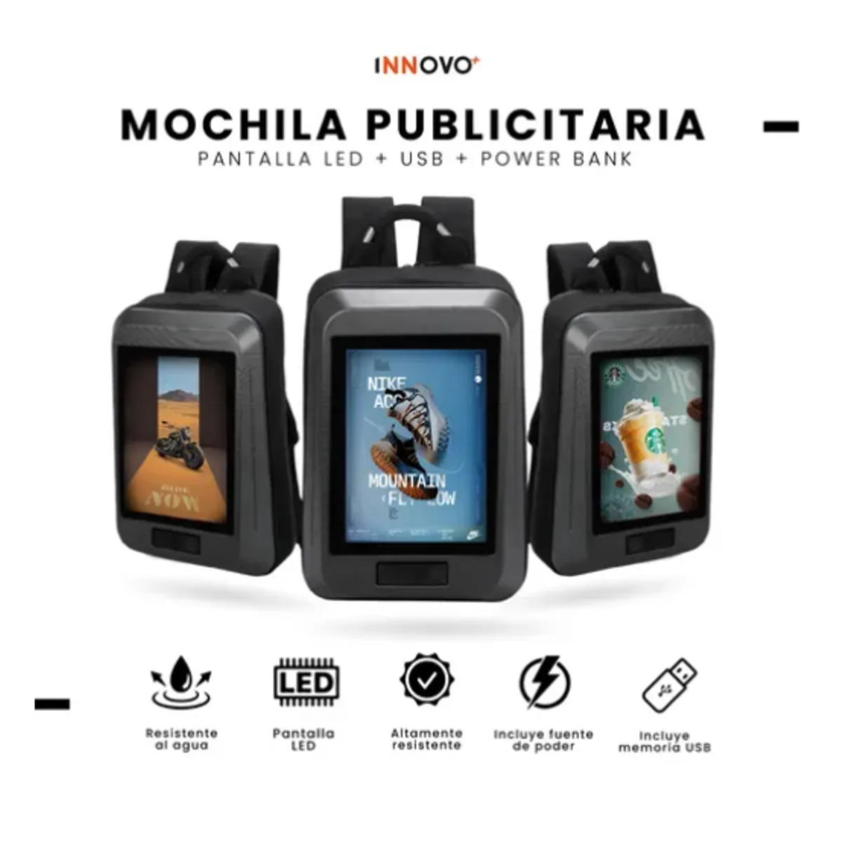INNOVA - Mochila Publicitaria Pantalla Led Full Color 1280x768 Power Bank Usb