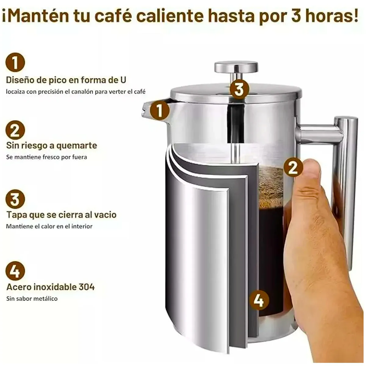 ONE PIXEL - Cafetera Francesa Prensa En Acero Inoxidable 1L