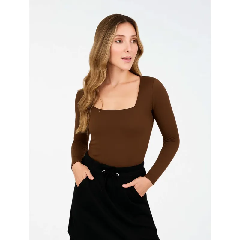 MOLGOA - Body para Mujer Escote Cuadrado Manga Larga - Moscú Mocca