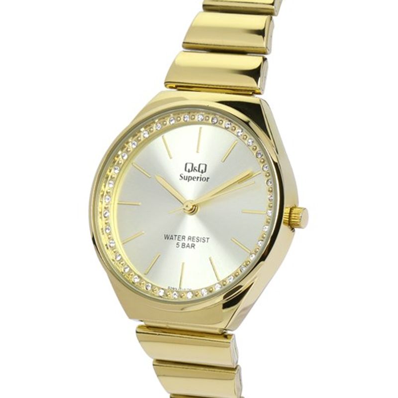 Q&Q - Reloj Q&Q Dorado Fondo Blanco Con Piedras Acero Inox Original + Caja