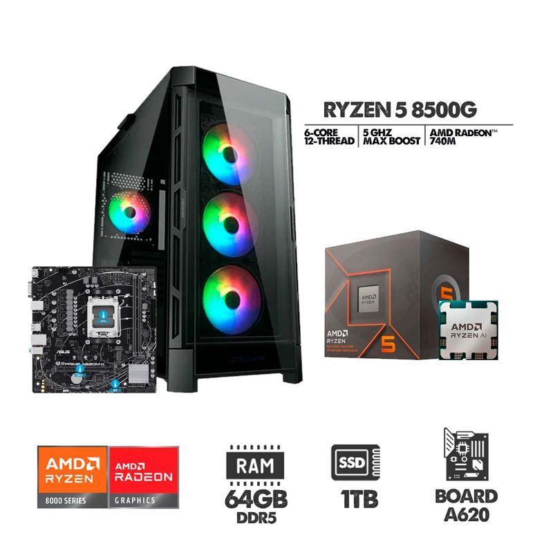 AMD - PC GAMER RYZEN 5 8500G - BOARD A620 - SSD 1TB - 64GB RAM DDR5 - CHASIS 4FANS