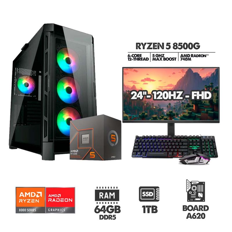 AMD - PC GAMER RYZEN 5 8500G - 64GB RAM - SSD 1TB - CHASIS 4 FANS + MONITOR 24 120HZ