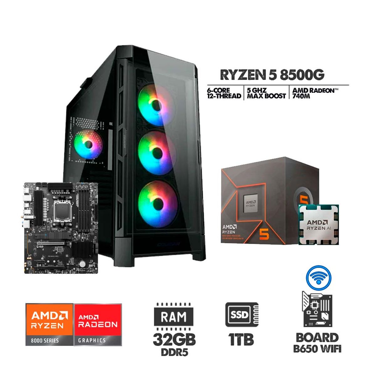 AMD - PC GAMER RYZEN 5 8500G - B650 WIFI - SSD 1TB - 32GB RAM DDR5 - CHASIS 4FANS