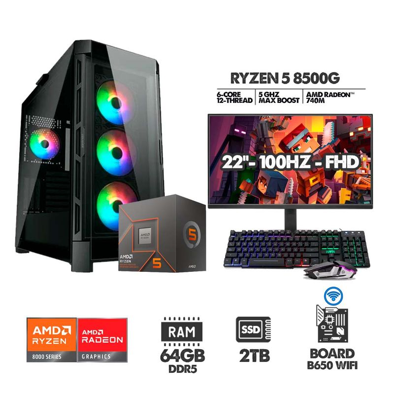 AMD - PC GAMER RYZEN 5 8500G - 64GB RAM - SSD 2TB - B650 WIFI + MONITOR 22