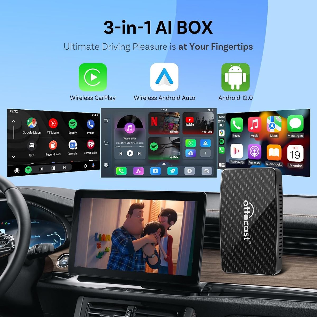 OTTOCAST - Box Inalámbrico Android Auto CarPlay YouTube Apps de Video