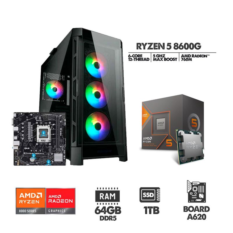 AMD - PC GAMER RYZEN 5 8600G - BOARD A620 - SSD 1TB - 64GB RAM DDR5 - CHASIS 4FANS