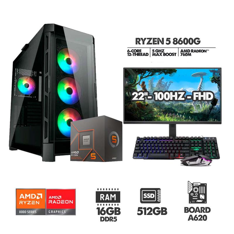 AMD - PC GAMER RYZEN 5 8600G - 16GB RAM - SSD 512GB - CHASIS 4 FANS + MONITOR 22