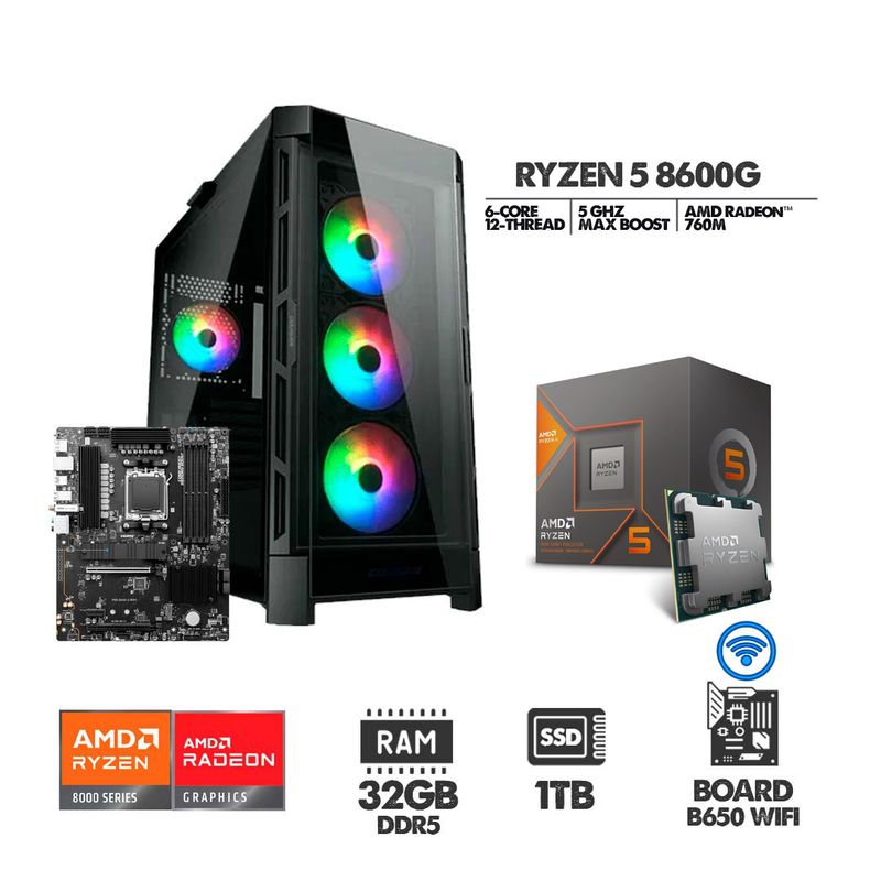 AMD - PC GAMER RYZEN 5 8600G - B650 WIFI - SSD 1TB - 32GB RAM DDR5 - CHASIS 4FANS