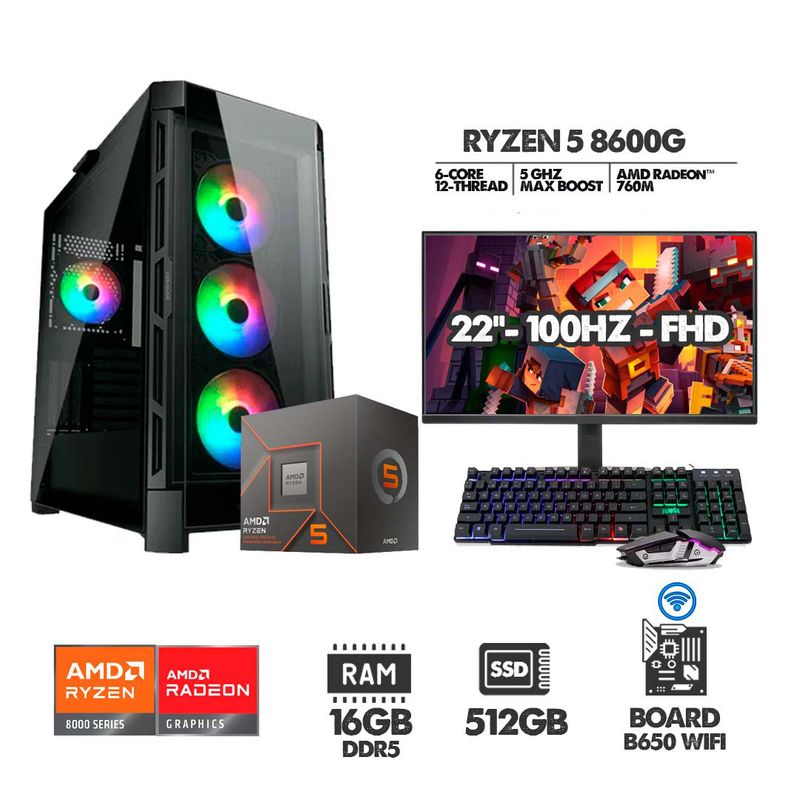 AMD - PC GAMER RYZEN 5 8600G - 16GB RAM - SSD 512GB - B650 WIFI + MONITOR 22