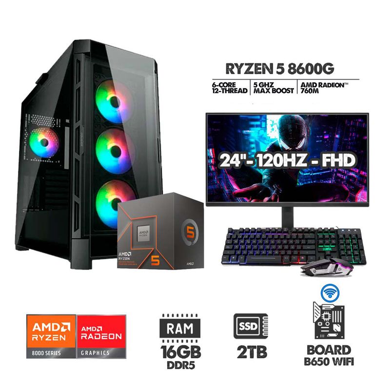 AMD - PC GAMER RYZEN 5 8600G - 16GB RAM - SSD 2TB - B650 WIFI + MONITOR 24 120HZ