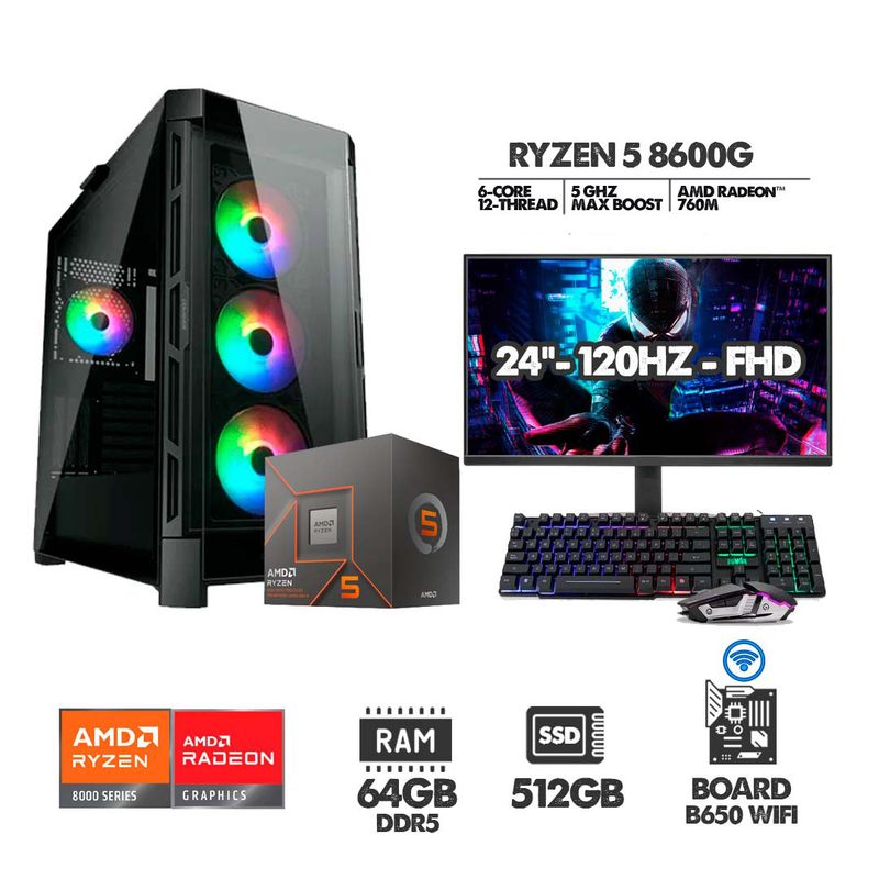 AMD - PC GAMER RYZEN 5 8600G - 64GB RAM - SSD 512GB - B650 WIFI + MONITOR 24 120HZ