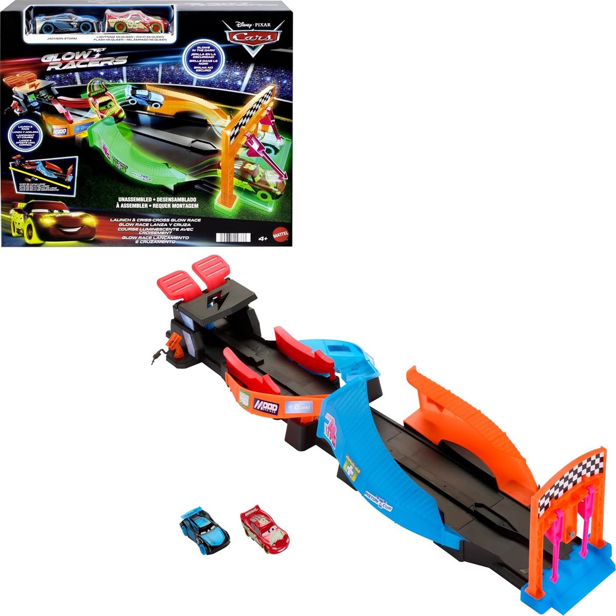 CARS - Pista Disney Cars Con Luces Glow Racers Set lanza y cruza