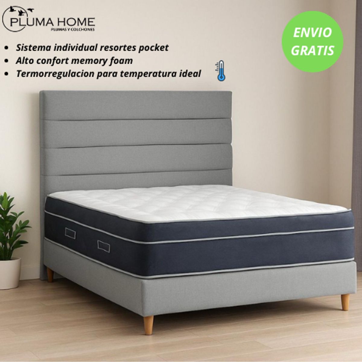 PLUMA HOME - Cama NORWAY, Colchón Memory Foam + Basecama + Cabecero  140 x 190