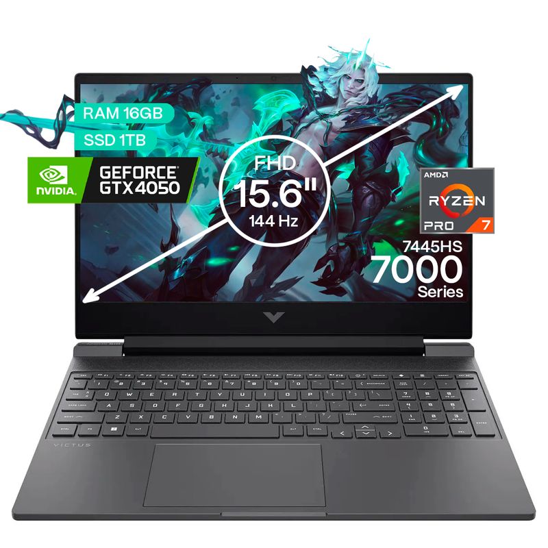 HP - Portátil Gamer Hp Victus AMD Ryzen 7 RAM 16GB SSD 1TB RTX4050 6GB FHD156 144Hz Gamer