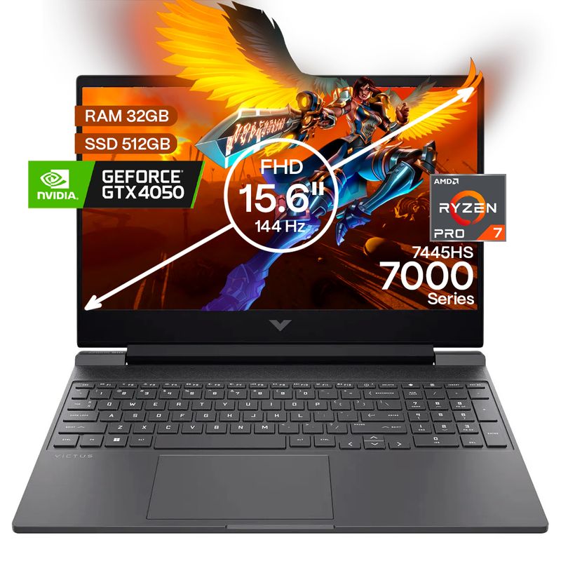 HP - Portátil Gamer Hp Victus AMD Ryzen 7 RAM 32GB SSD 512GB RTX4050 6GB FHD156 144Hz Gamer