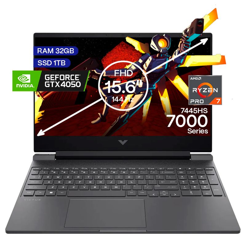 HP - Portátil Gamer Hp Victus AMD Ryzen 7 RAM 32GB SSD 1TB RTX4050 6GB FHD156 144Hz Gamer